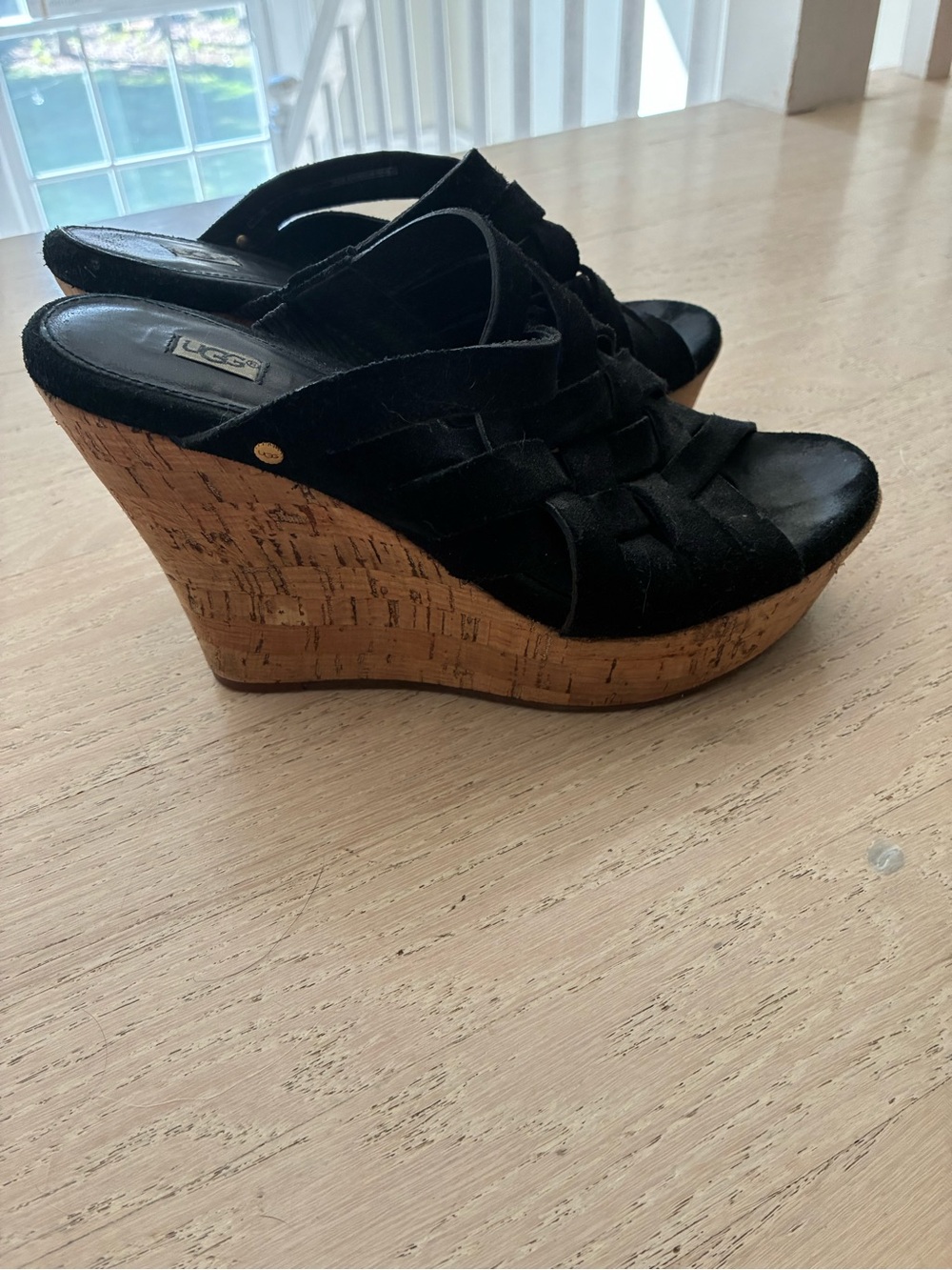 UGG Black Suede Cork Wedge Sandals